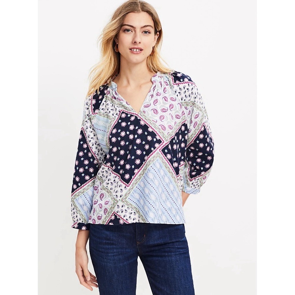 LOFT Sz L Linen Blend Patchwork Blue Paisley Peasant Long Sleeve Top Cottagecore